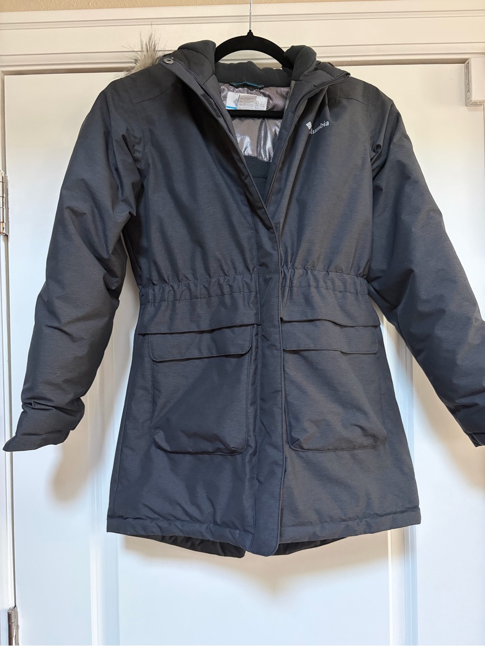 Columbia Girls Omni Tech Hooded Fur Trim Parka Jacket Black Heather Sz L 14/16